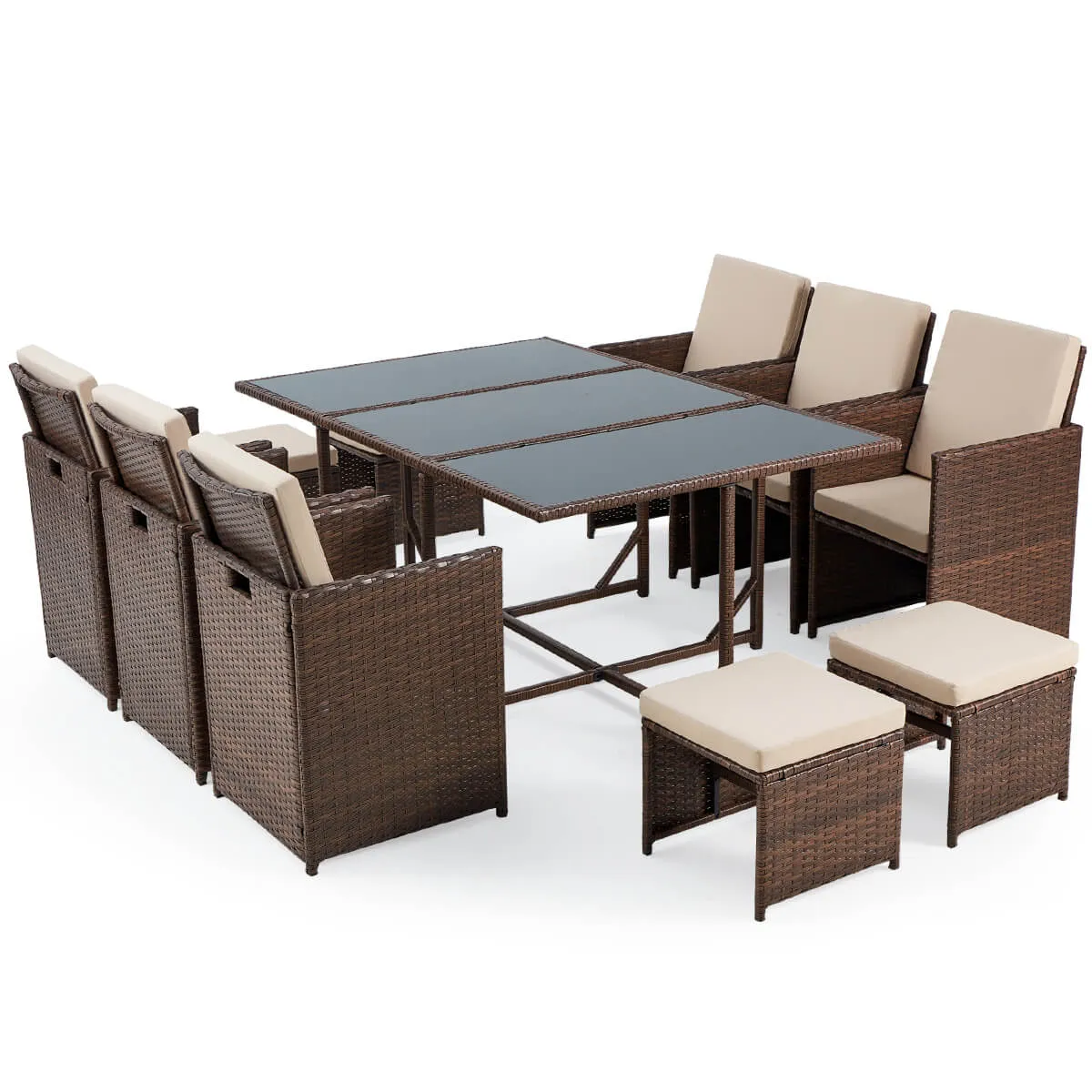 11 Pcs Patio Dining Set Rattan w/ Ottoman, Cushion & Dust Cover