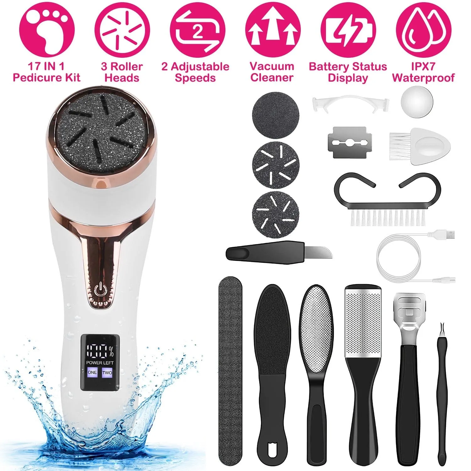 17-Pieces Set: Electric Foot Callus Remover with Vacuum Foot Grinder Rechargeable