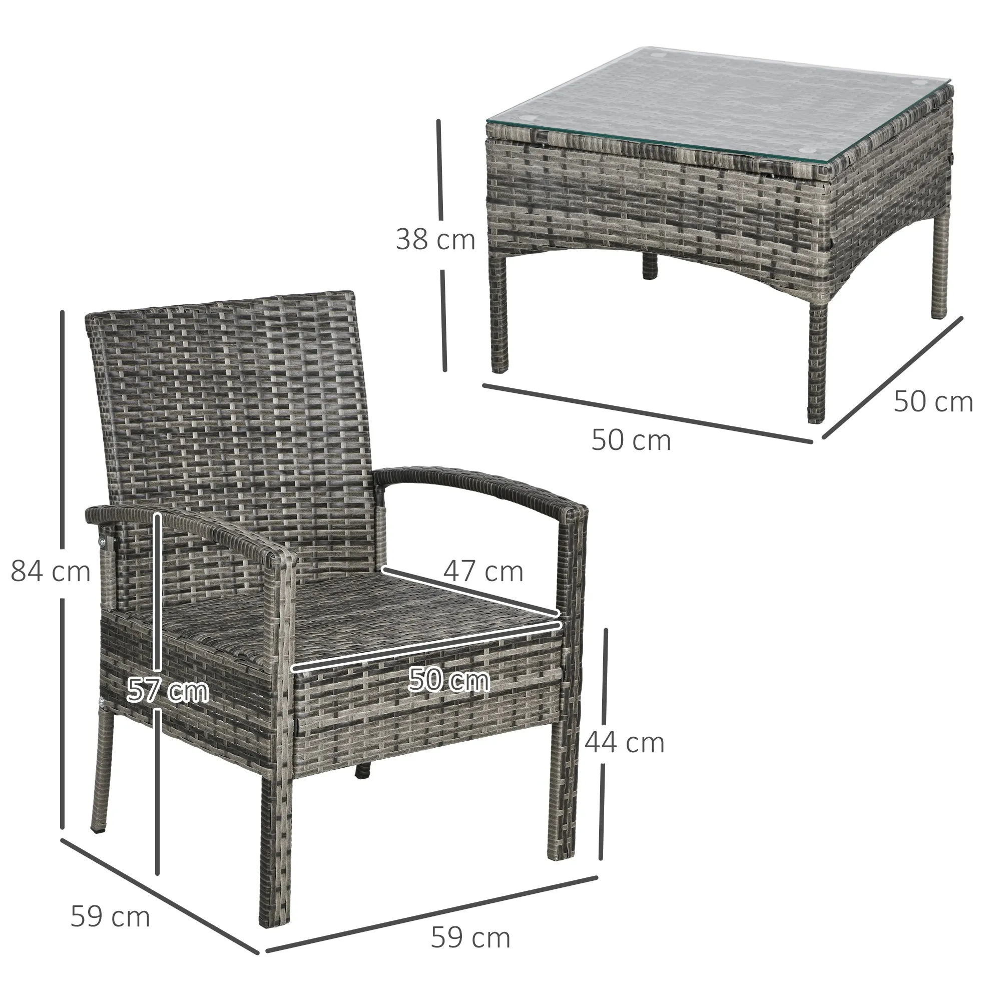 3 Pieces Outdoor Rattan Bistro Set, Patio Wicker Balcony Furniture, Conservatory Sets w/ Coffee Table and Cushioned Chair, Mixed Grey