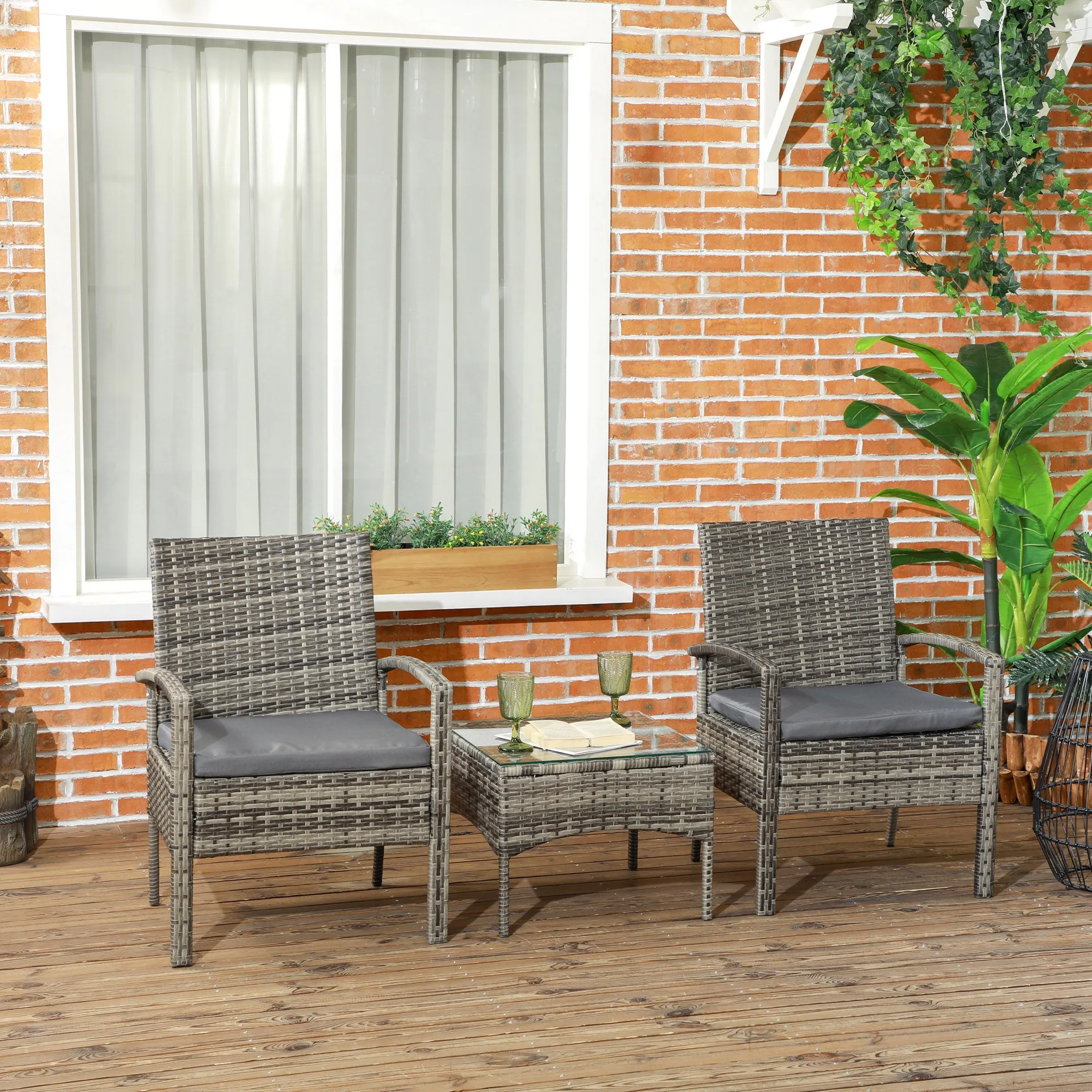 3 Pieces Outdoor Rattan Bistro Set, Patio Wicker Balcony Furniture, Conservatory Sets w/ Coffee Table and Cushioned Chair, Mixed Grey