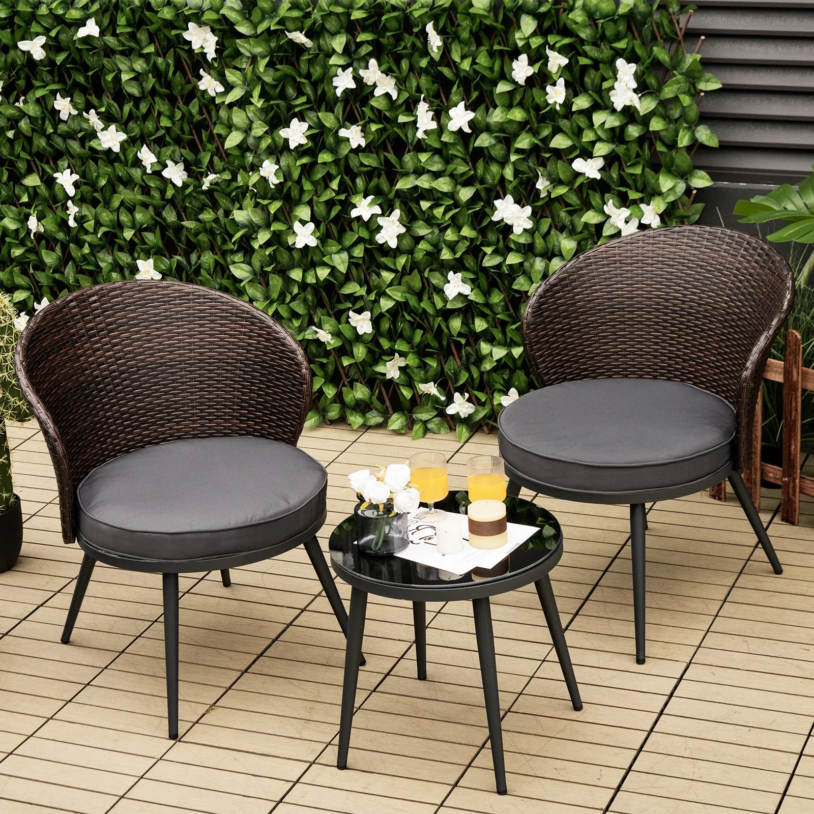 3 Pieces Patio Rattan Bistro Set with Cushioned Chairs and Glass Table