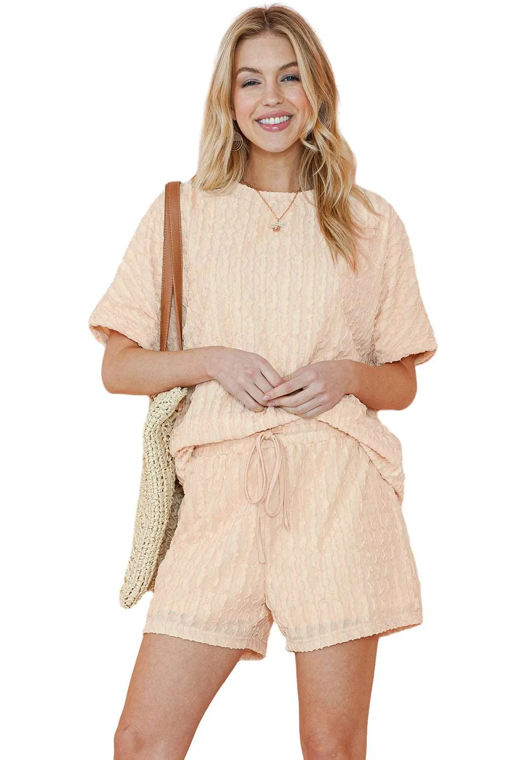 Beige Frill Textured Tee and Drawstring Shorts Set