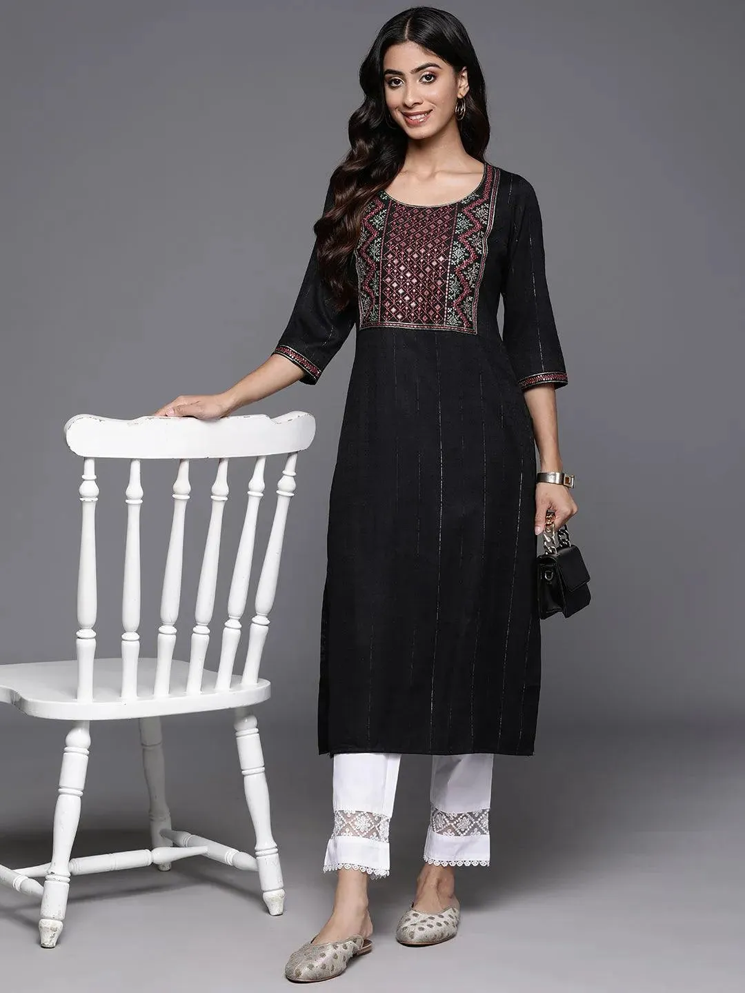 Black Yoke Design Rayon Straight Kurta