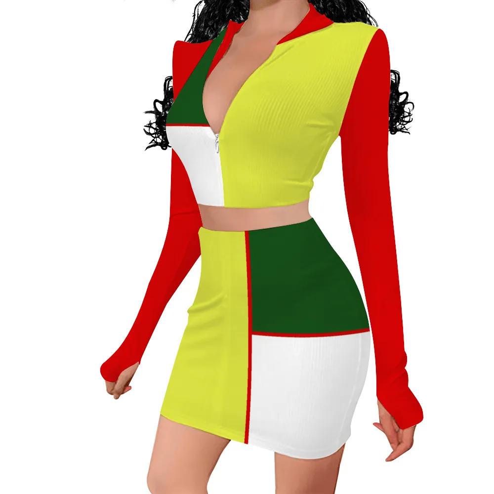 Color Block Astute Women's Two Piece Outfits Long Sleeve Zip Up Top and Short Skirt Set