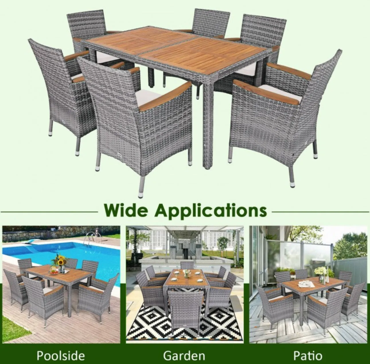 Elegant Modern Heavy Duty Comfortable 7-Piece Patio Acacia Wood Thick Comfy Cushioned Rattan Dining Set | Space Saving | Weather Resistant