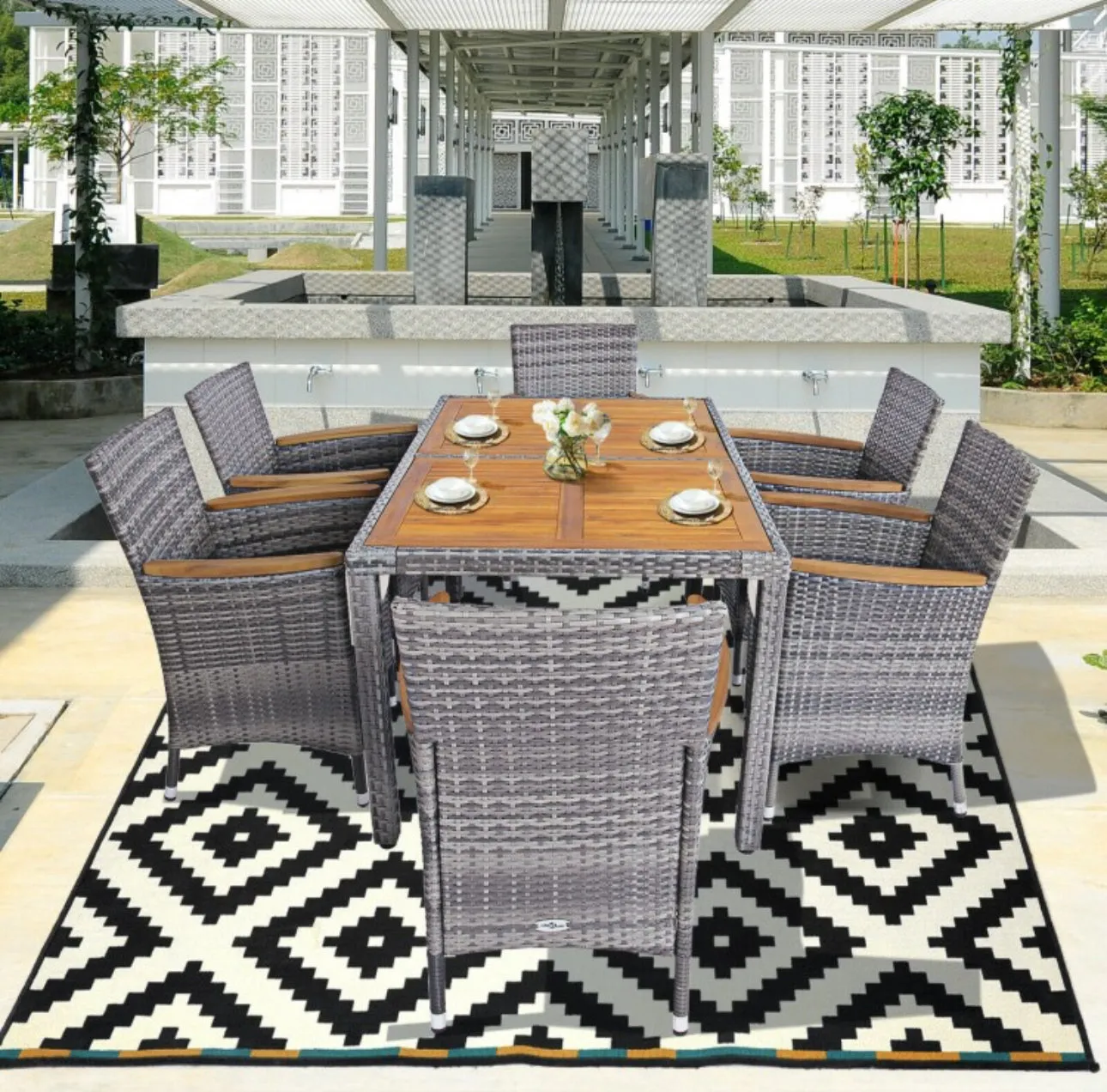 Elegant Modern Heavy Duty Comfortable 7-Piece Patio Acacia Wood Thick Comfy Cushioned Rattan Dining Set | Space Saving | Weather Resistant