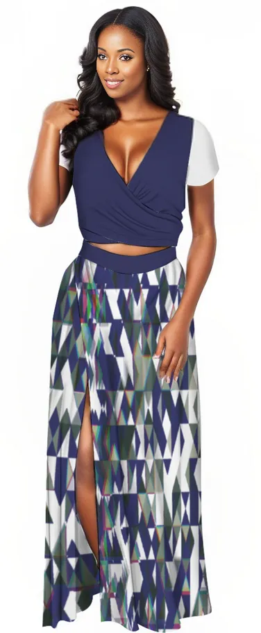 Fractured Women's Two Piece Outfit V-Neck Top and Maxi Skirt Set