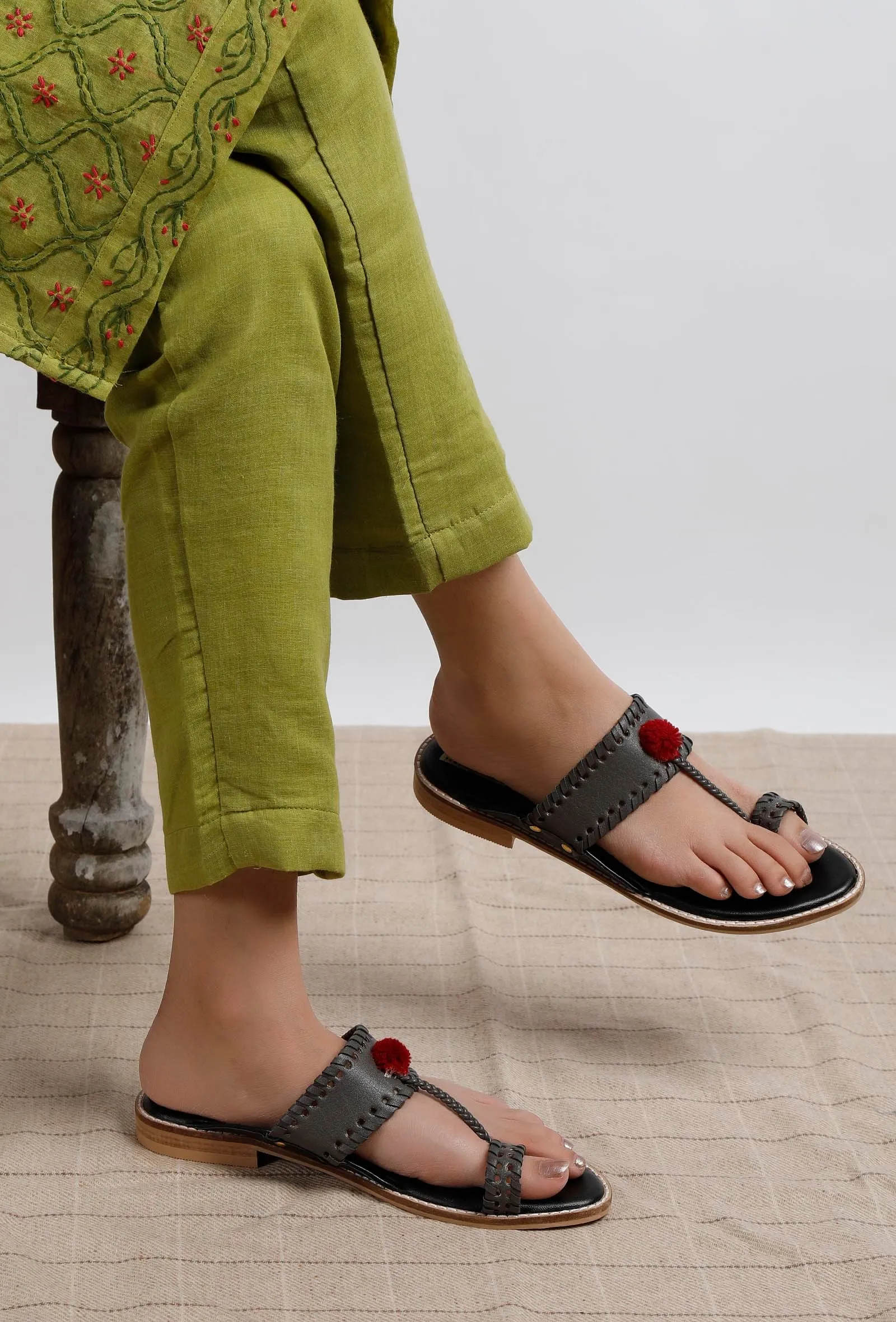 Grey Pom Pom Cruelty-Free Leather Sandal