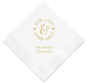 Hugs, Kisses & Merry Wishes Personalized Napkins