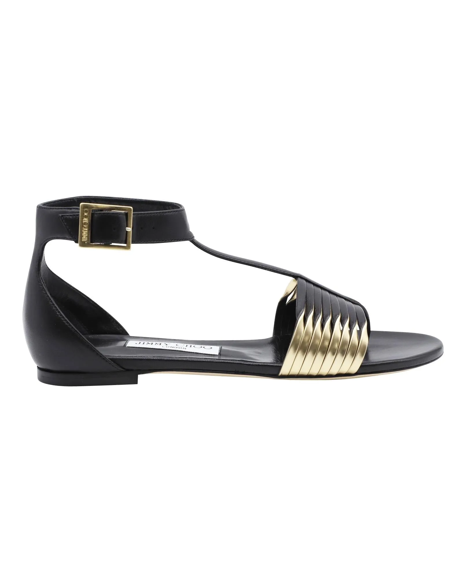 Jimmy Choo Ladle Flat Sandals in Black and Gold Leather