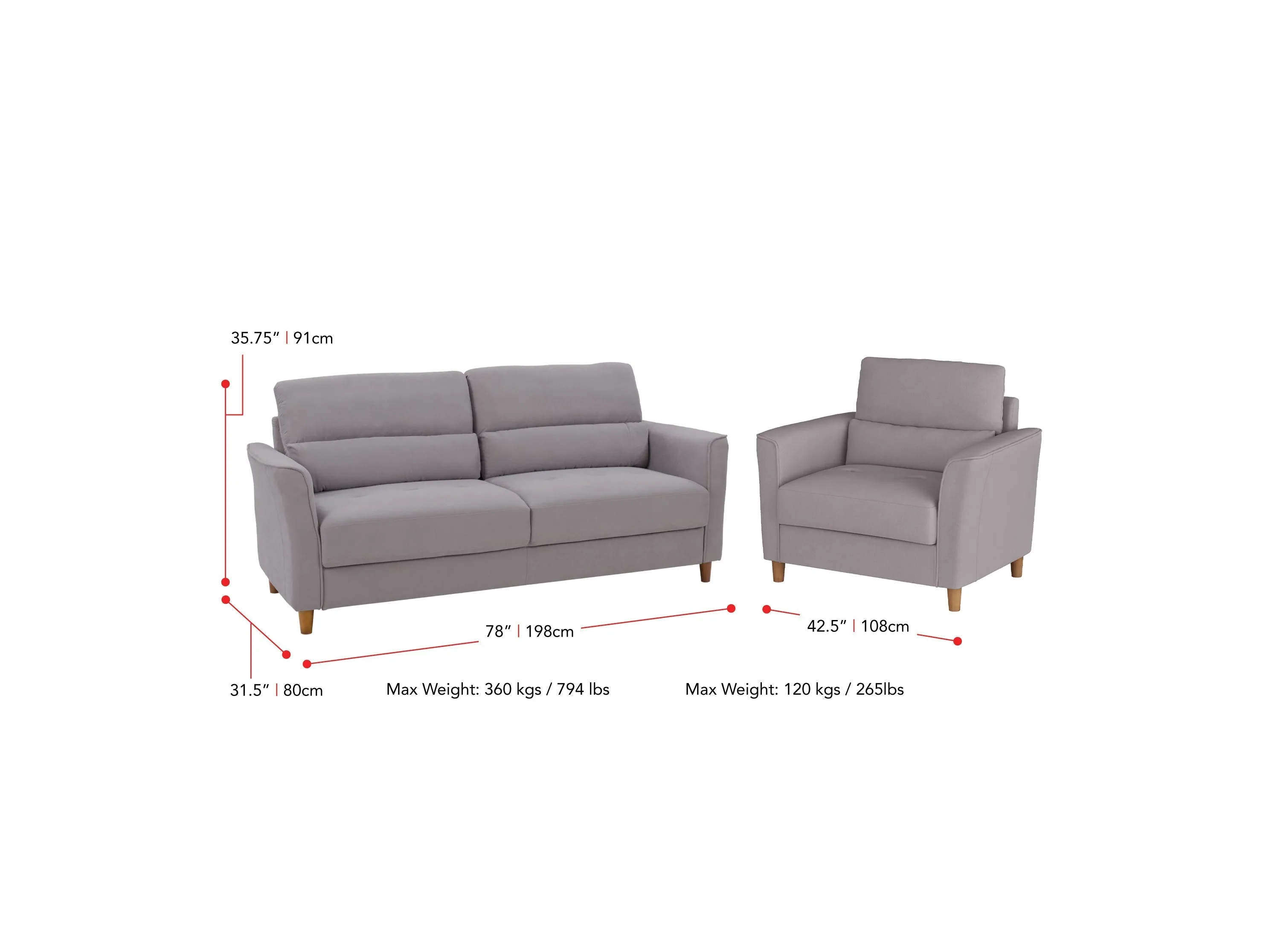 Light Grey 3 Seat Sofa and Chair 2 Piece Set