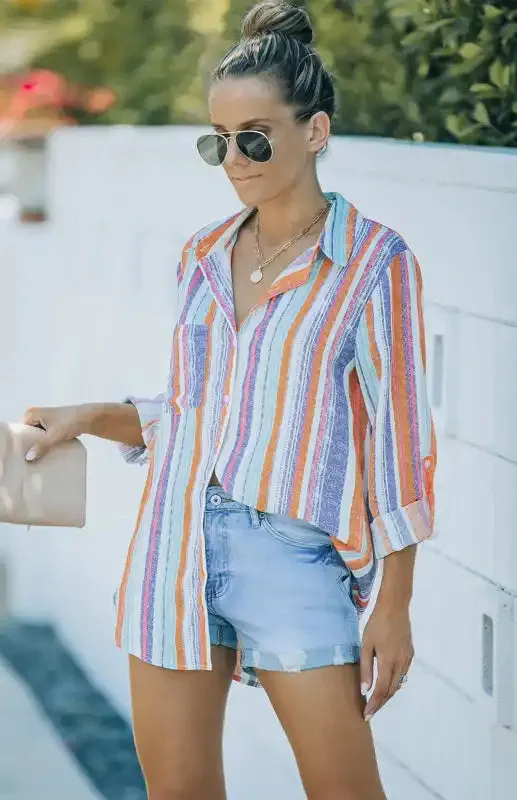 Linen Turn-down Collar Sweet Enough Striped Button Up Top