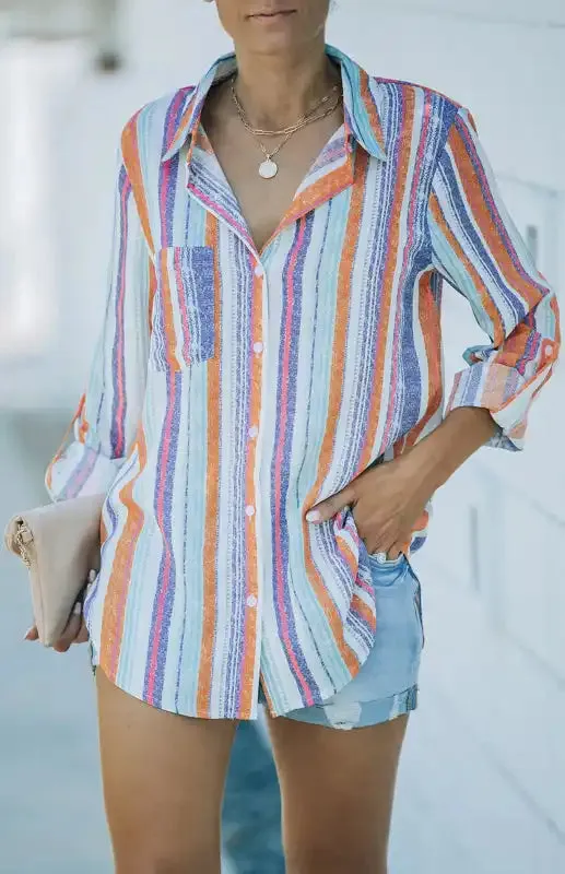 Linen Turn-down Collar Sweet Enough Striped Button Up Top