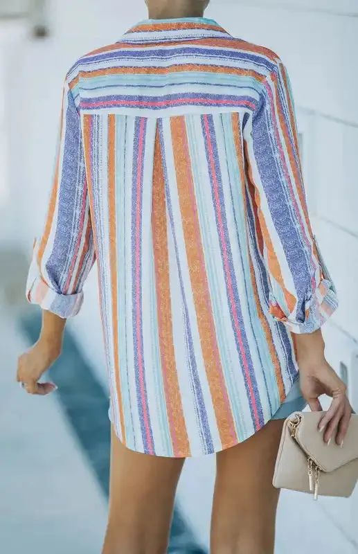 Linen Turn-down Collar Sweet Enough Striped Button Up Top