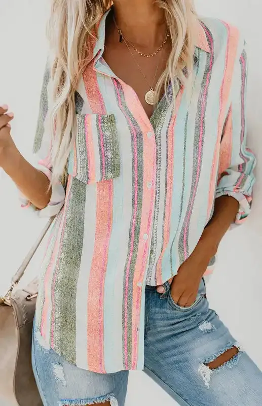 Linen Turn-down Collar Sweet Enough Striped Button Up Top