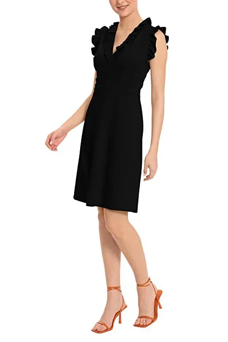 Maggy London V Neck Ruffle Sleeves Back Zipper Short Crepe Dress