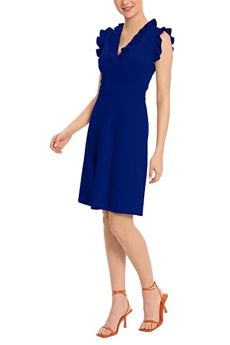 Maggy London V Neck Ruffle Sleeves Back Zipper Short Crepe Dress