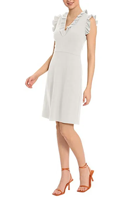 Maggy London V Neck Ruffle Sleeves Back Zipper Short Crepe Dress