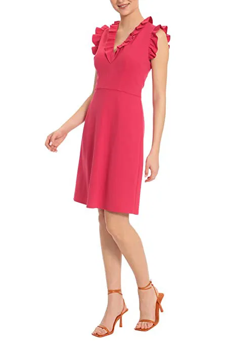 Maggy London V Neck Ruffle Sleeves Back Zipper Short Crepe Dress