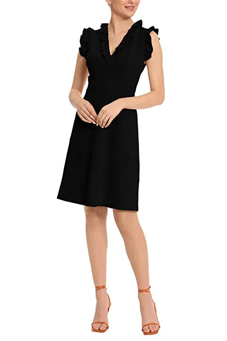 Maggy London V Neck Ruffle Sleeves Back Zipper Short Crepe Dress