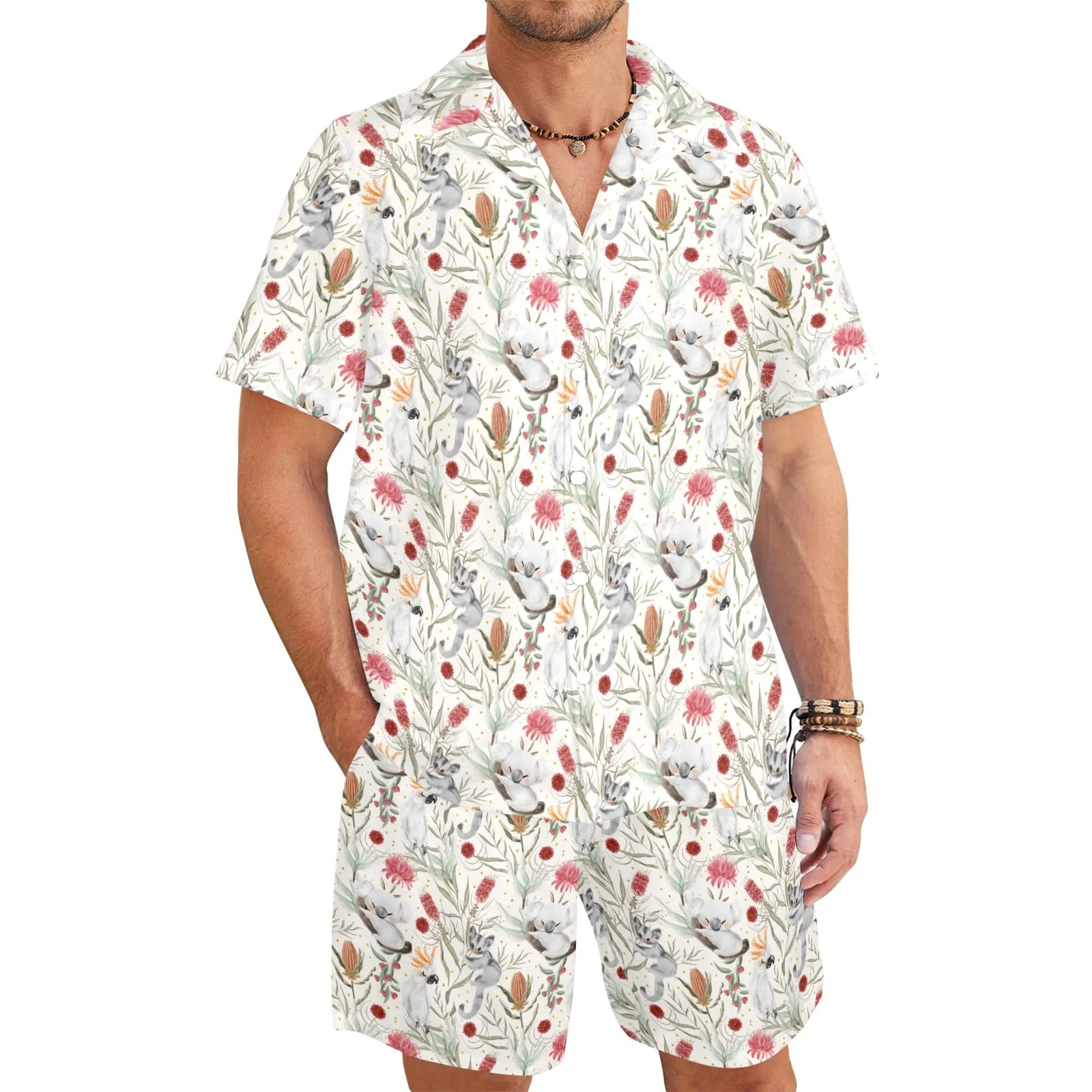 Men's Shirt & Shorts Set Australian Animals, Koala, Sugar Glider Men's Shirt and Shorts Outfit (Set26)