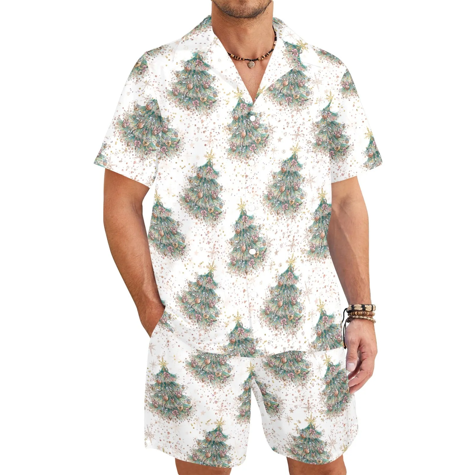 Men's Shirt & Shorts Set Christmas Trees Men's Shirt and Shorts Outfit (Set26)