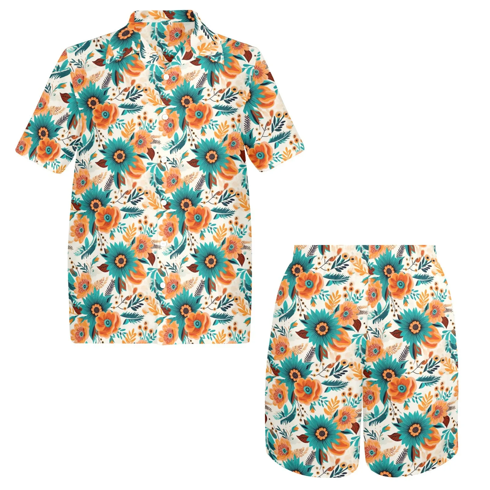 Men's Shirt & Shorts Set Retro Boho Flowers Men's Shirt and Shorts Outfit (Set26)