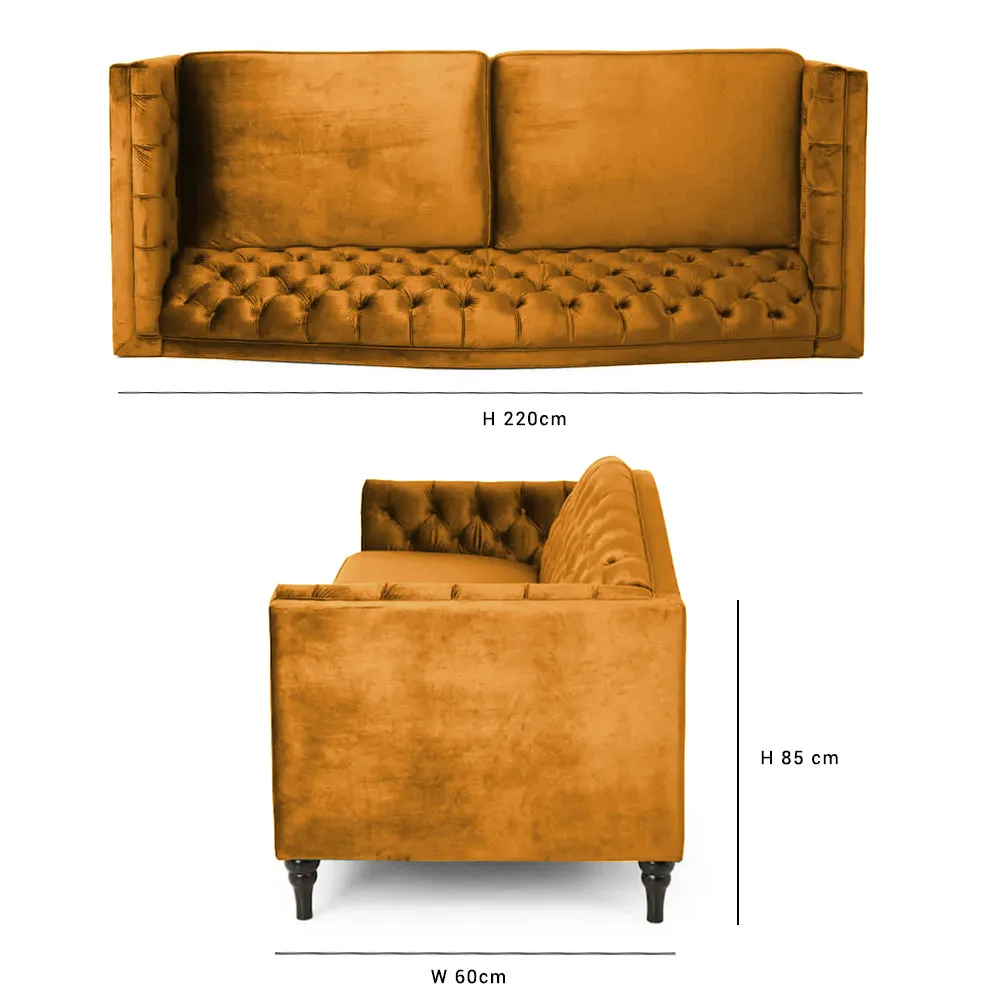 Nova 3-Seater Velvet Sofa with Square Arms – L220cm x W60cm x H85cm, Gold Comfortable & Stylish Sofa for Living Room