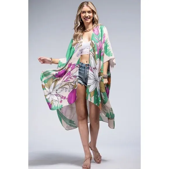 Oahu Floral Flower Open Wrap Kimono Top One Size Spring Summer Casual