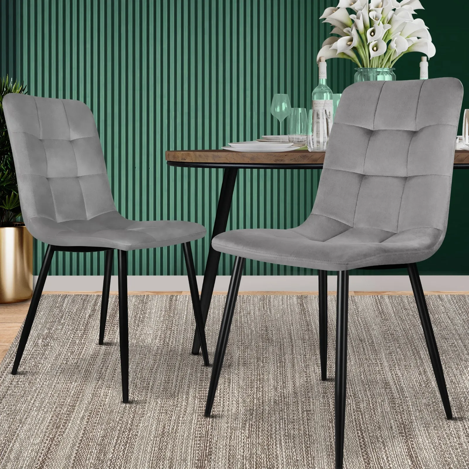 Oikiture Dining Chairs Kitchen Chair Velvet Fabric Padded Seat Cafe Grey x2