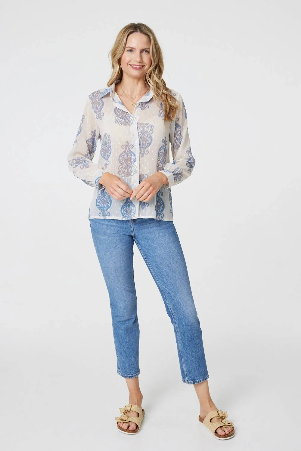 Printed Button Down Tie Front Shirt