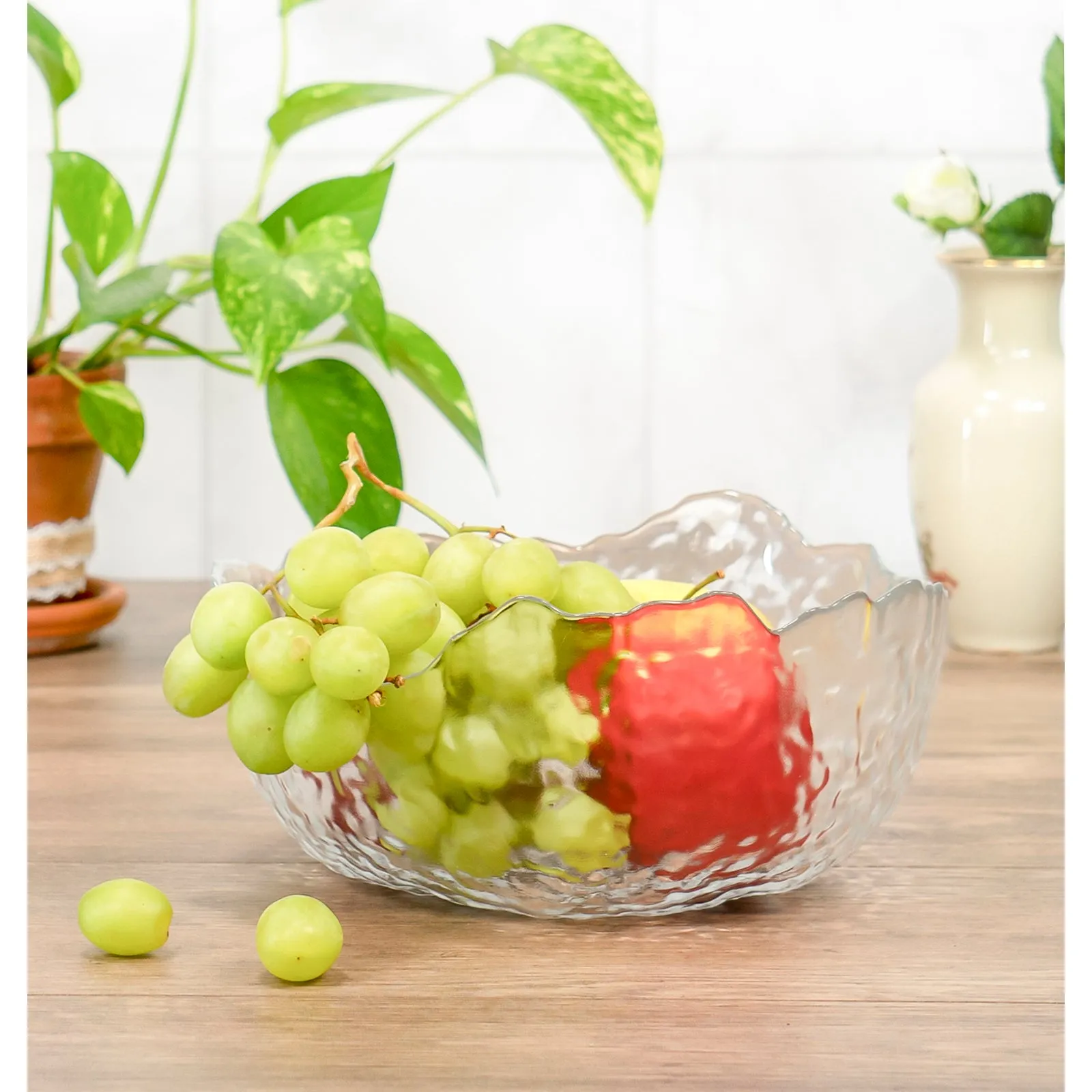 Red Co. 9.5" Large Textured Round Deep Clear Glass Salad Serving and Mixing Bowl with Torn Rim