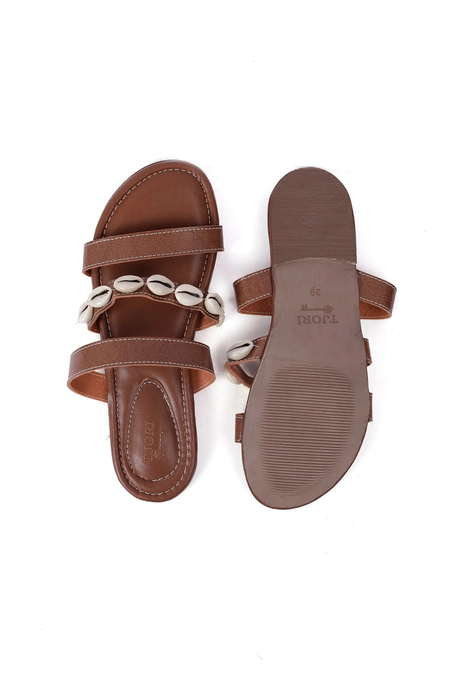 Walnut Cowrie Shell Criss Cross Sliders