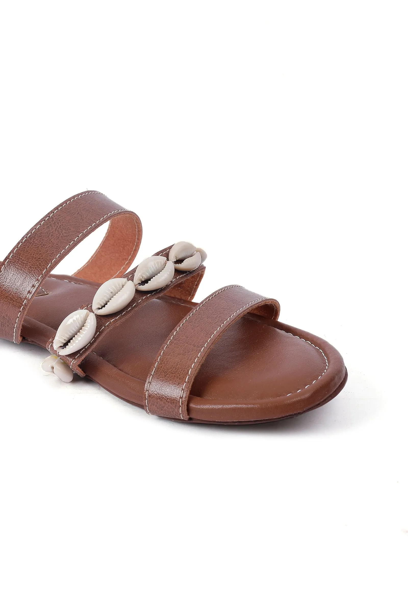 Walnut Cowrie Shell Criss Cross Sliders