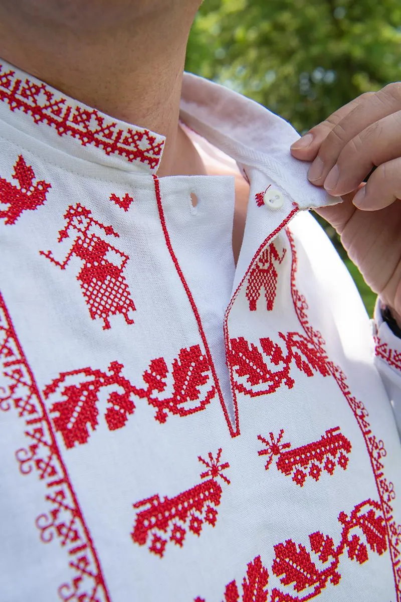 White men's shirt with a contemporary red ornament