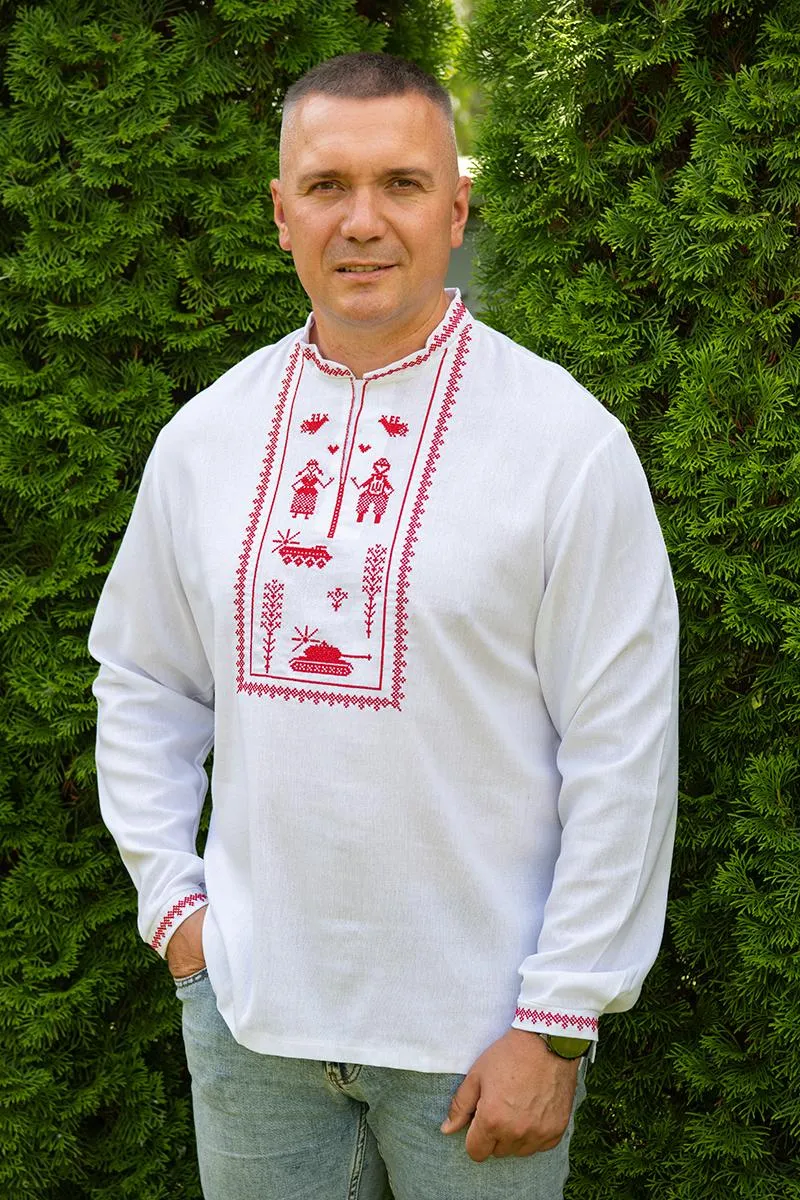 White men's shirt with a contemporary red ornament