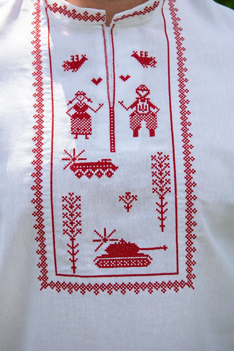 White men's shirt with a contemporary red ornament